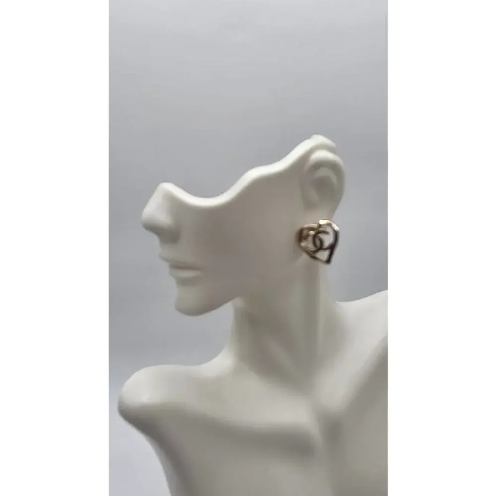 Chanel Gold-tone Interlocking CC Heart Stud Earrings NWT